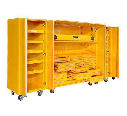 Silberner Schwerlast-Rollwerkzeugschrank und Werkzeug-Box-Set mit Performax-Seitenschrank