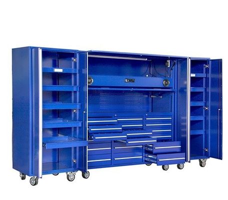 Silberner Schwerlast-Rollwerkzeugschrank und Werkzeug-Box-Set mit Performax-Seitenschrank